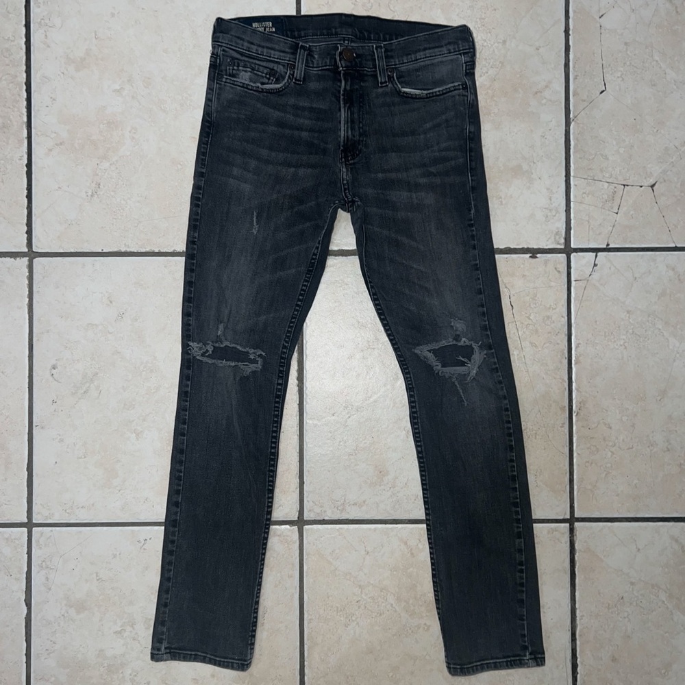 Hollister Mens Advance Stretch Ripped Black Distressed Skinny Jeans, Size 30x32